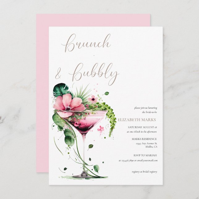 Elegantes rosa Blumenbrunch & Bubbly Brautparty Einladung (Vorne/Hinten)