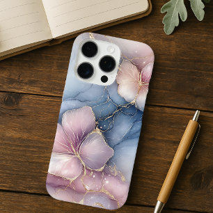 Elegantes rosa Blumendesign mit blauem Marmoreffek iPhone 16 Pro Hülle