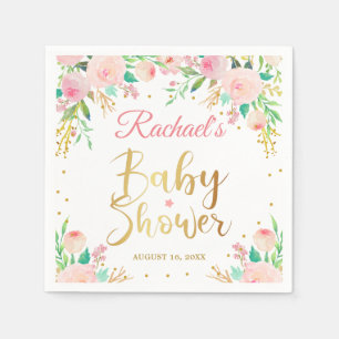 Elegantes rosa Blumengoldskript-Babyparty-Papier Serviette