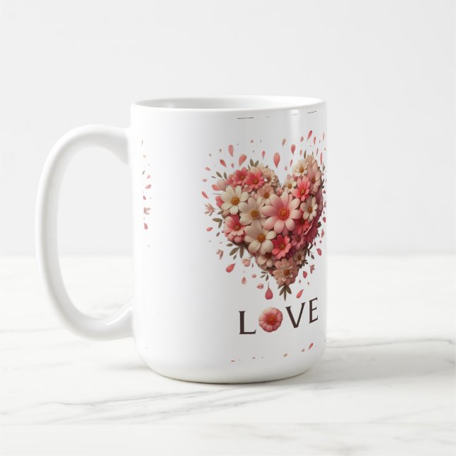 Elegantes rosa Blumenherz Romantischer Valentinsta Kaffeetasse (Links)