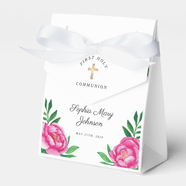 Elegantes Rosa Blumenkreuz Erste Kommune Geschenkschachtel (Vorderseite)