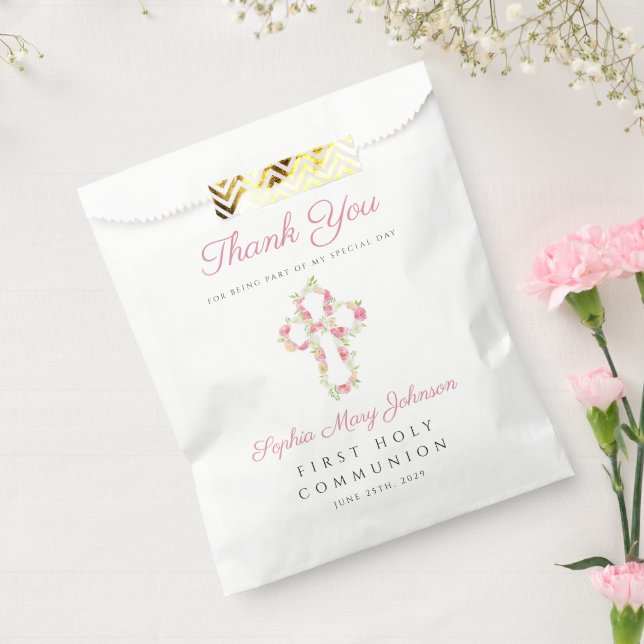 Elegantes Rosa Blumenkreuz Erste Kommune Geschenktütchen (Versiegelt)