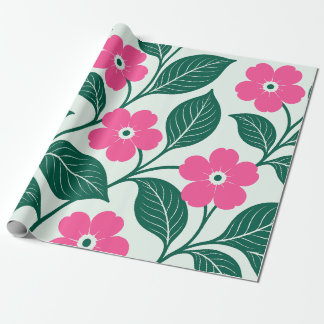 Elegantes rosa Blumenmuster mit dunkelgrünen Blätt Geschenkpapier