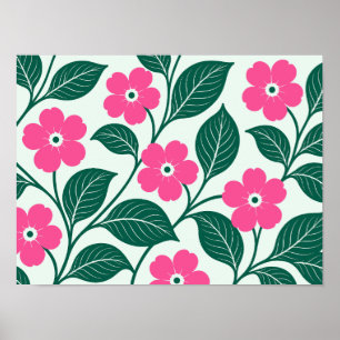 Elegantes rosa Blumenmuster mit dunkelgrünen Blätt Poster