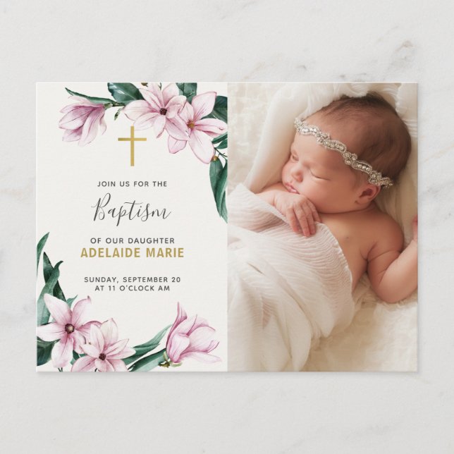 Elegantes rosa Blumentaufen Gold Cross Foto Postkarte (Vorderseite)