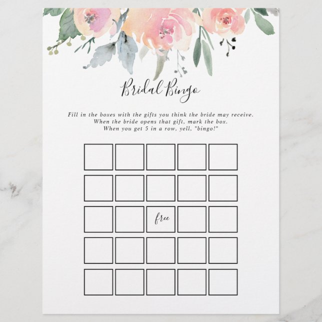 Elegantes Rosa Blush Bloral Bridal Bingo Spiel (Vorderseite)