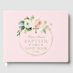 Elegantes rosa Blush Bloral Gold Cross Taufe Gästebuch