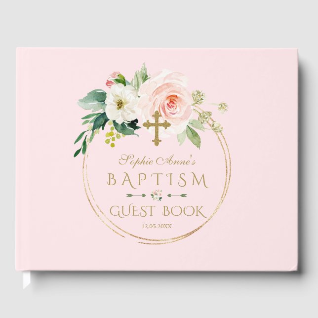 Elegantes rosa Blush Bloral Gold Cross Taufe Gästebuch (Vorderseite)