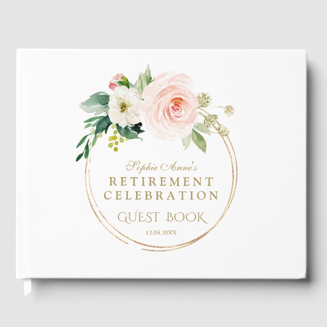 Elegantes Rosa Blush Bloral Gold Rentirement Party Gästebuch (Vorderseite)
