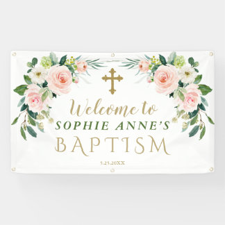 Elegantes Rosa Blush Blume Taufe Begrüßungszeichen Banner