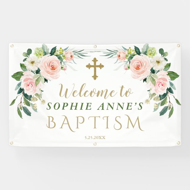 Elegantes Rosa Blush Blume Taufe Begrüßungszeichen Banner (Horizontal)