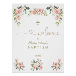 Elegantes Rosa Blush Blume Taufe Begrüßungszeichen Poster