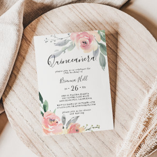 Elegantes Rosa Blush Floral Quinceañera Einladung