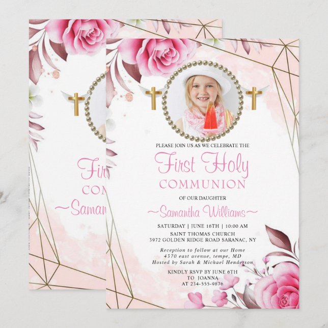 Elegantes Rosa Blush Foto Erste Kommune I Einladung (Vorne/Hinten)