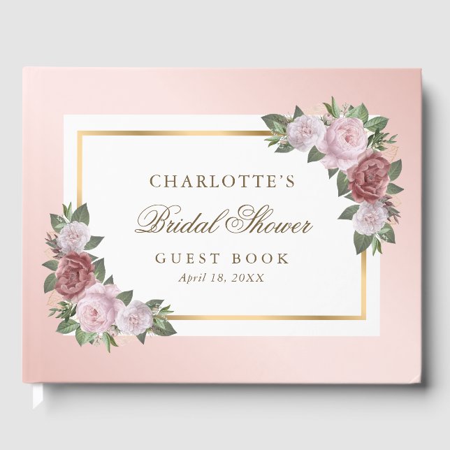 Elegantes Rosa Blush Gold Floral Brautparty Gästebuch (Vorderseite)