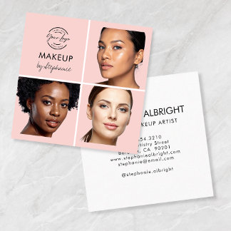 Elegantes Rosa-Blush-Schwarz-Script-3-Foto-Make-up Quadratische Visitenkarte