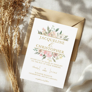 Elegantes Rosa-Blüten-Gold-Schrift Hochzeit Einladung