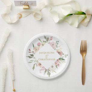 Elegantes Rosa-Blüten-Gold-Schrift Hochzeit Pappteller