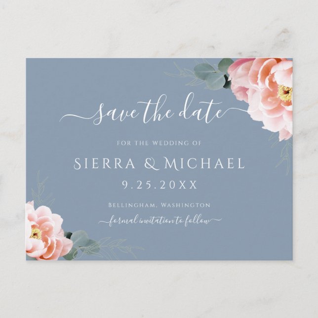 Elegantes Rosa Blütenblau Save the Date Ankündigungspostkarte (Vorderseite)