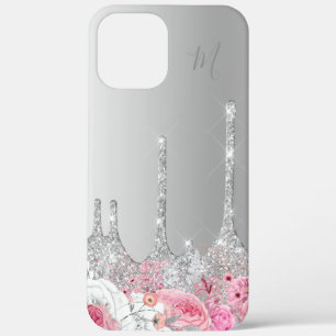 Elegantes Rosa Blütensilber Glitzer Tropfen Monog Case-Mate iPhone Hülle