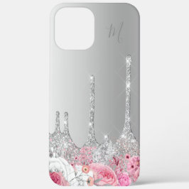 Elegantes Rosa Blütensilber Glitzer Tropfen Monogr Case-Mate iPhone Hülle