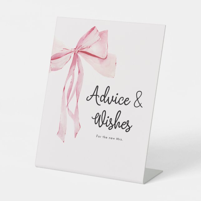 Elegantes rosa Bow Advice & Wishings Brautparty Sockelschild (Vorderseite)