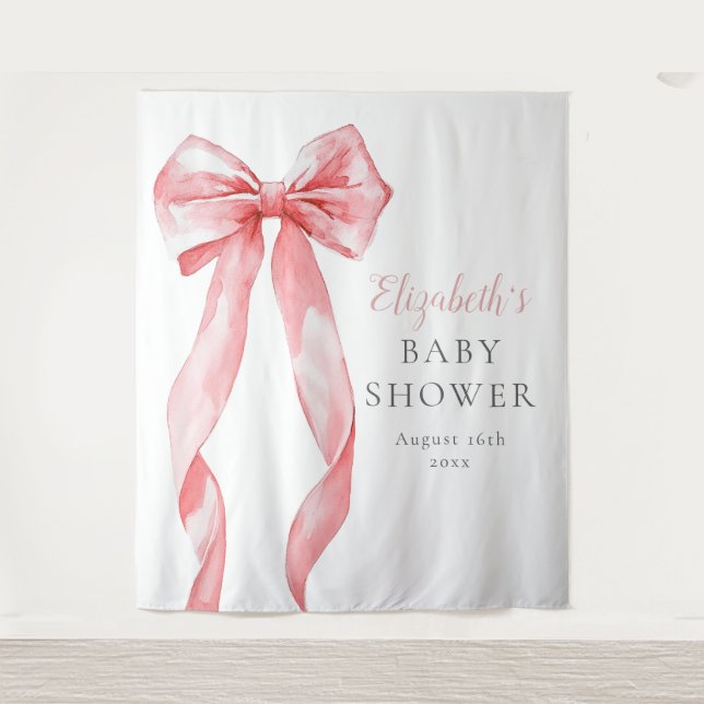 Elegantes rosa Bow Baby Shower Foto Hintergrund Wandteppich (Vorderseite)