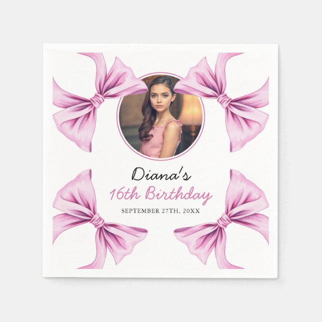 Elegantes Rosa Bow Coquette Foto Sweet 16 Birthday Serviette (Vorderseite)