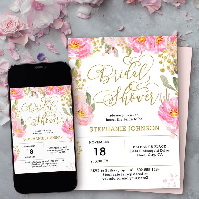 Elegantes rosa Brautparty Einladung (Bridal Shower invitation from my Pink and Gold Watercolor Floral Collection
)