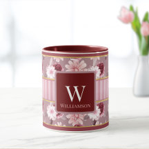 Elegantes rosa Burgundy Floral Stripe Monogramm