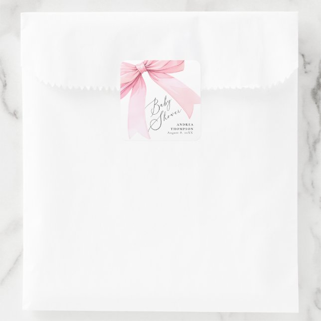 Elegantes rosa Coquette Bow Baby Shower Girl Quadratischer Aufkleber (Tasche)