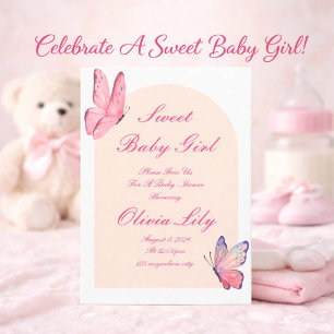 ELEGANTES ROSA ERRÖTENDE SCHMETTERLINGE BABY-MÄDCH EINLADUNG