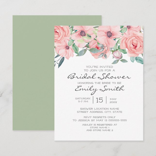 Elegantes, rosa Farbtupfer Grünes Brautparty Einladung (Vorne/Hinten)