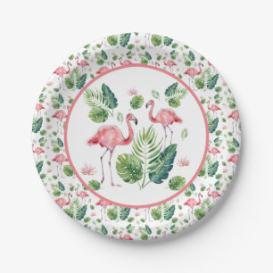      Elegantes rosa Flamingo tropisches Blätter M Pappteller