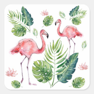      Elegantes rosa Flamingo tropisches Blätter M Quadratischer Aufkleber