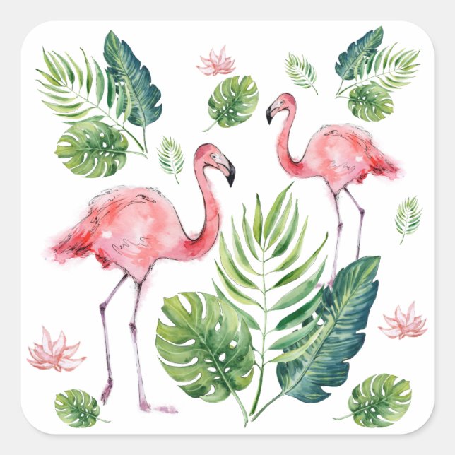      Elegantes rosa Flamingo tropisches Blätter Mu Quadratischer Aufkleber (Vorderseite)