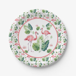 Elegantes rosa Flamingo tropisches Blätter Muster Pappteller