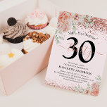 Elegantes Rosa Flora & Glitzer 30. Geburtstag Part Einladung<br><div class="desc">Chic mädchenhaftes Rosa und Rose Gold 30. Geburtstag Party Einladung, mit pastellrosa Aquarellblumen mit üppiger Vegetation und Rose Gold Glitzer. Die elegante Geburtstagsvorlage wird mit 'Shhh... It's a Surprise' beworben, kann aber bei Bedarf gelöscht werden. Das Design beinhaltet kalligraphisches Skript und der gesamte Text ist leicht zu verändern - das...</div>