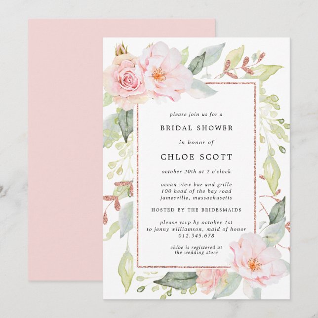 Elegantes Rosa Flora und Rose Gold Brautparty Einladung (Vorne/Hinten)
