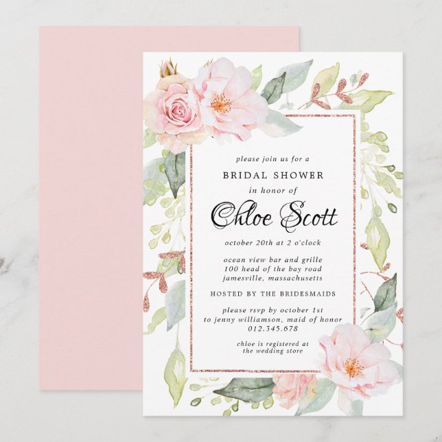 Elegantes Rosa Flora und Rose Gold Brautparty Einladung (Vorne/Hinten)