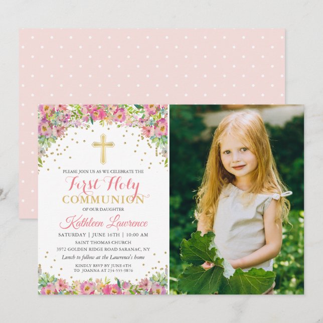 Elegantes rosa Floral First Holy Communion Foto Einladung (Vorne/Hinten)