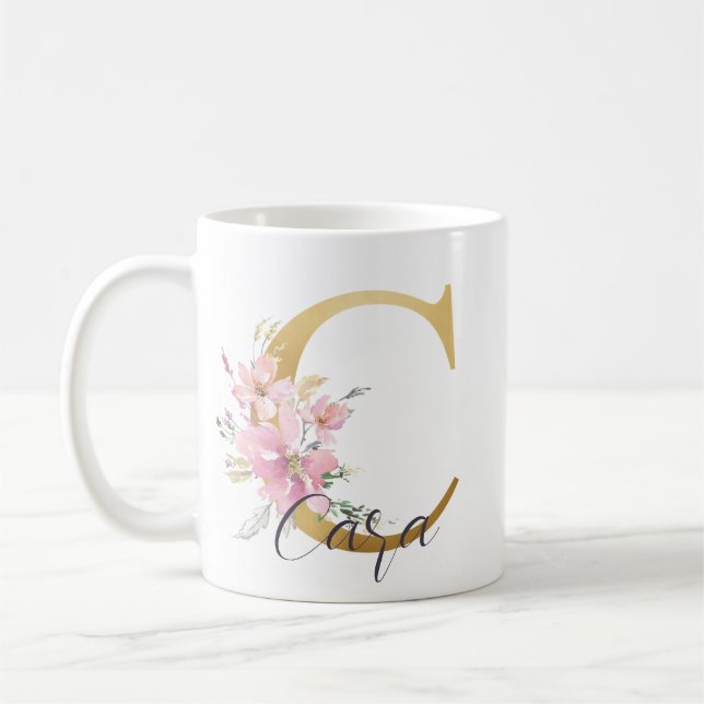Elegantes Rosa Floral Gold Letter Monogram C Kaffeetasse (Links)