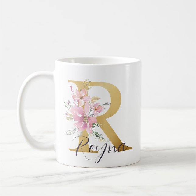 Elegantes Rosa Floral Gold Letter Monogram R Kaffeetasse (Links)