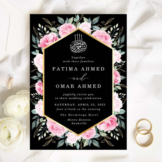 Elegantes Rosa Floral Gold Verlasse muslimische Ho Einladung (Von Creator hochgeladen)