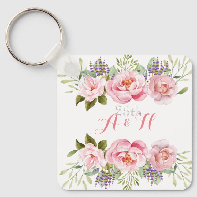 Elegantes Rosa Floral Monogram, 25. Wedding Gift Schlüsselanhänger (Vorderseite)