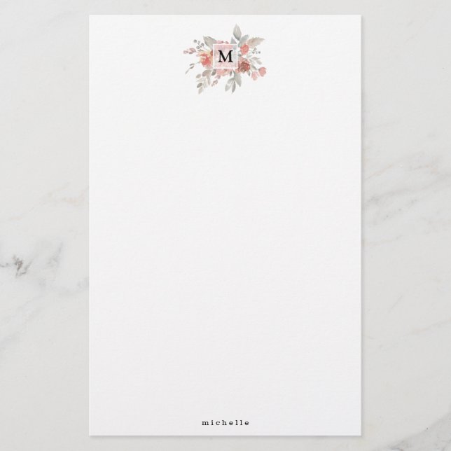 Elegantes Rosa Floral Monogramm Briefpapier (Vorderseite)