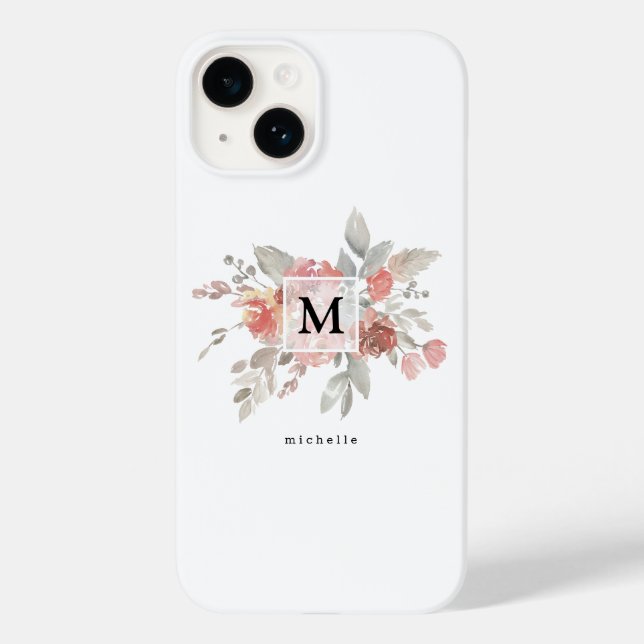 Elegantes Rosa Floral Monogramm Case-Mate iPhone 14 Hülle (Rückseite)
