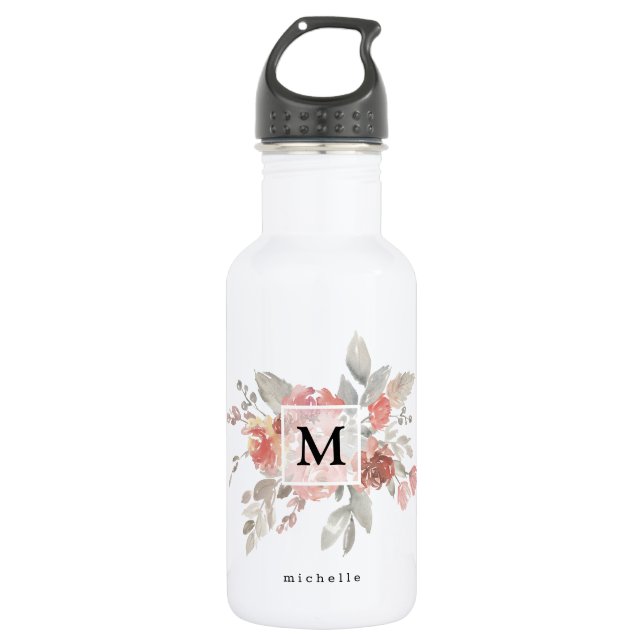Elegantes Rosa Floral Monogramm Edelstahlflasche (Vorderseite)
