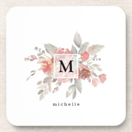 Elegantes Rosa Floral Monogramm Getränkeuntersetzer