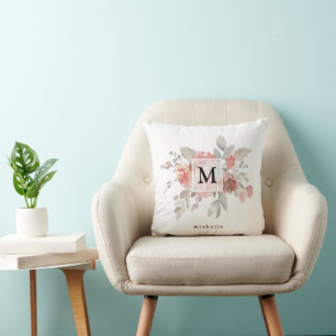 Elegantes Rosa Floral Monogramm Kissen